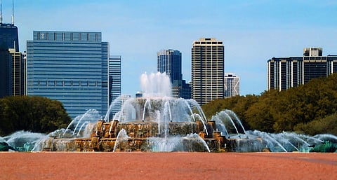 Buckingham Fountain is a Chicago Landmark in the center of Grant Park, between Queen's Landing and the end of Ida B. Wells Drive.